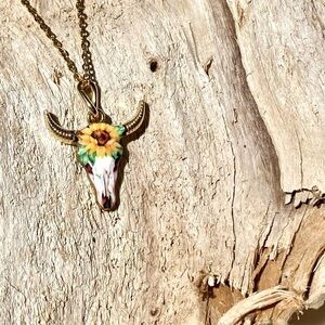 Sunflower Horn/floral skull candy boho rustic gold necklace southwestern vibe